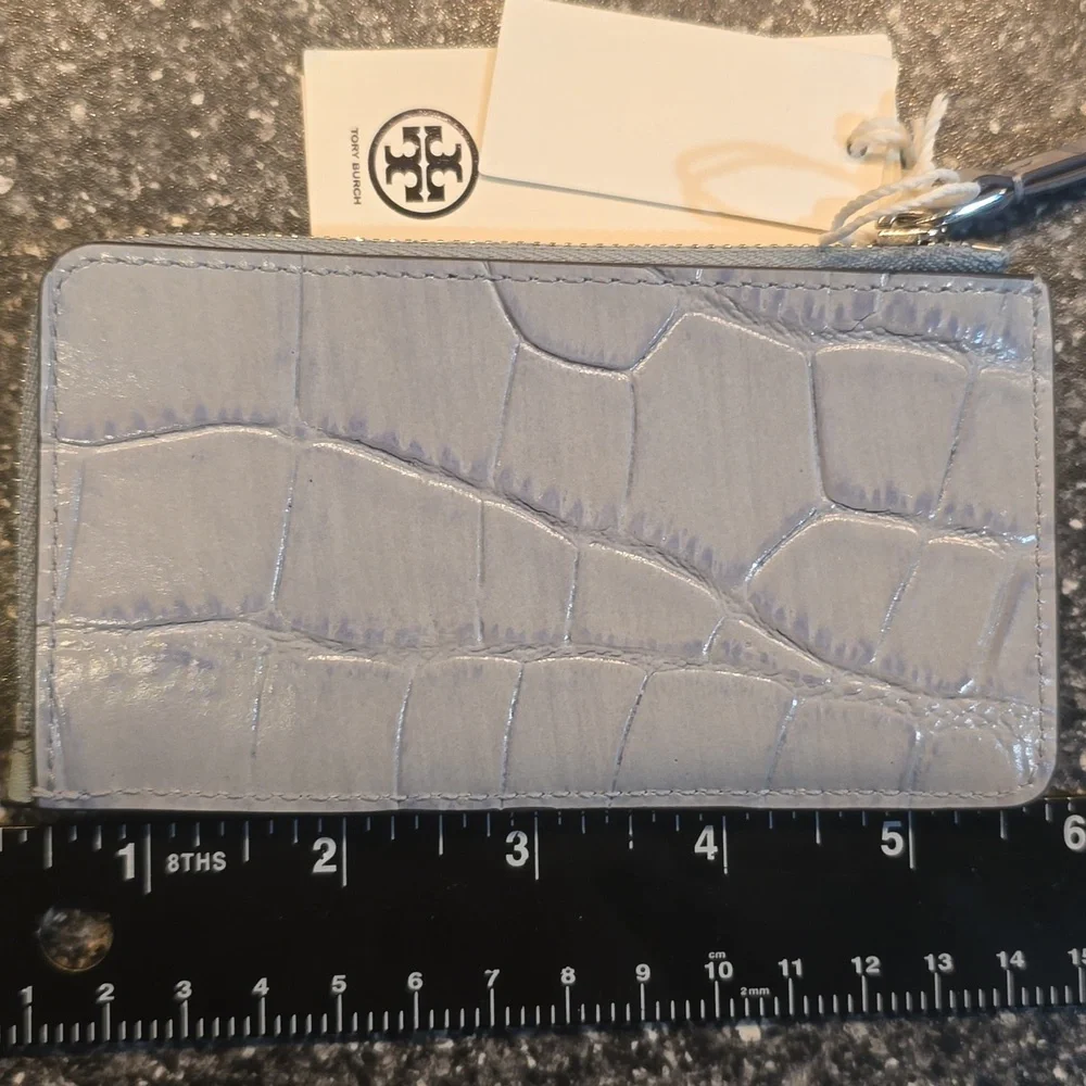 TORY BURCH Robinson Croc-Embossed Top-Zip Card Case Holder blue celadon $158 - Picture 4 of 11